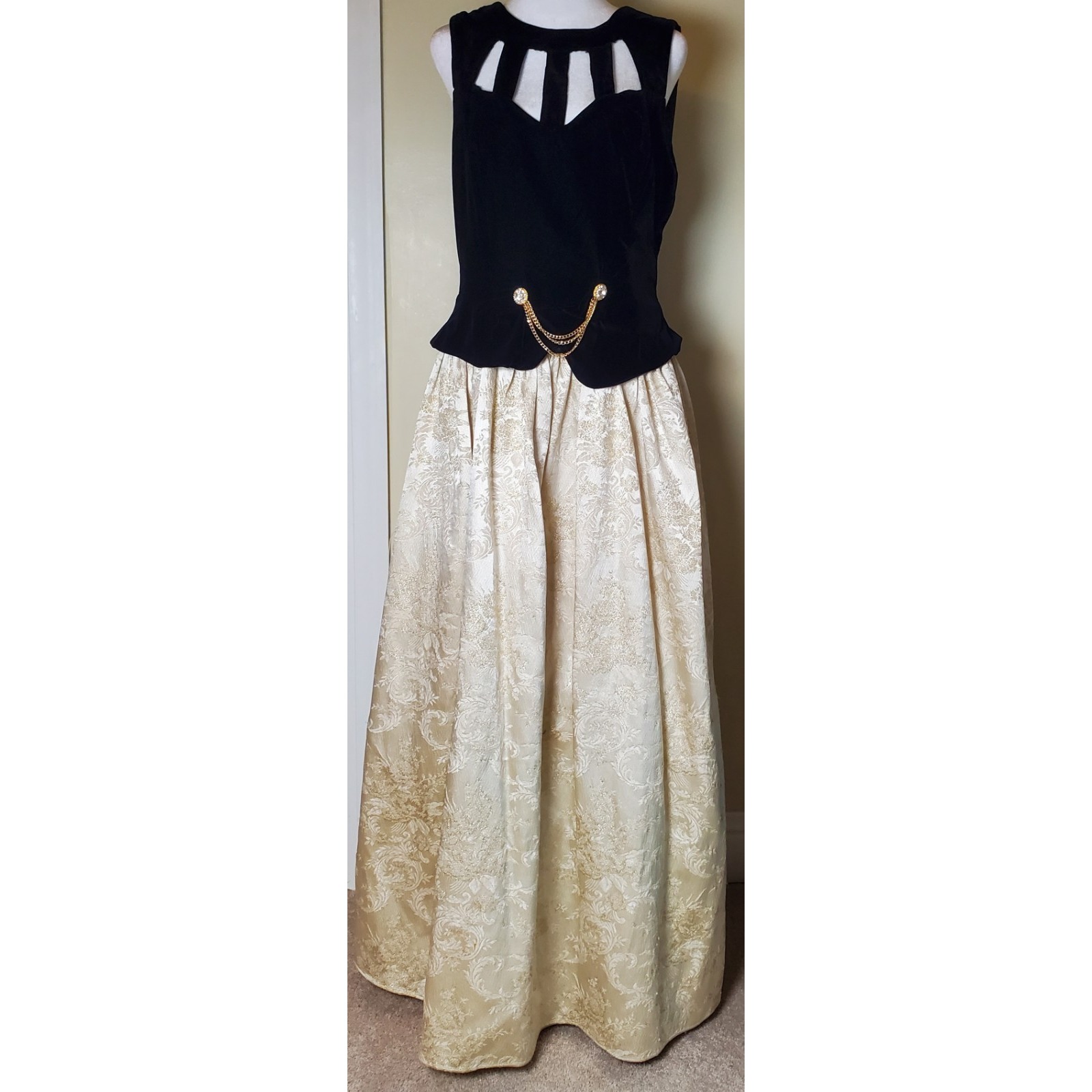 Vintage Y2k Jessica Mcclintock Dress Gown Black Velvet Top Gold Floral Skirt 12